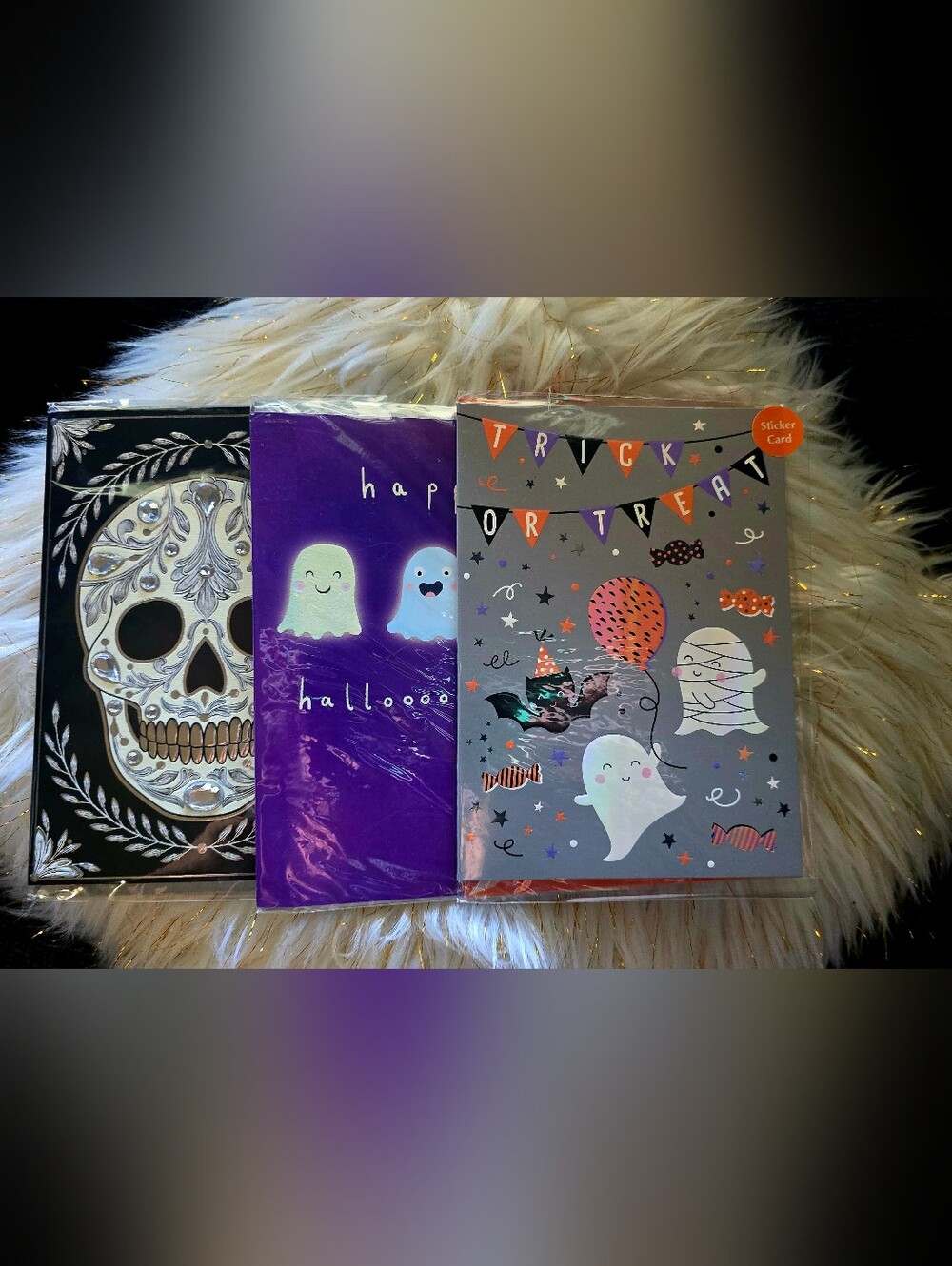 Halloween Ghost & Skull Party Cards - Purple, Gray & Black 3 Pieces